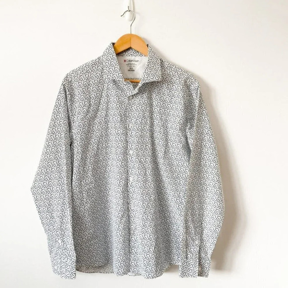 Calvin  Klein Extreme Slim Fit Blue Floral Button Down Cotton Shirt Sz XL - Picture 1 of 5